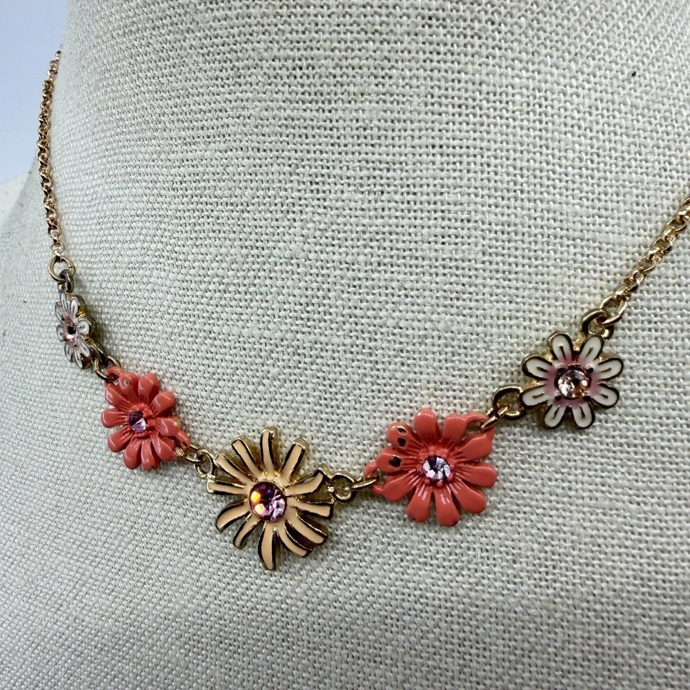 Gold Tone Pink Floral Rhinestone Necklace Daisy Coquette Cottagecore Gift